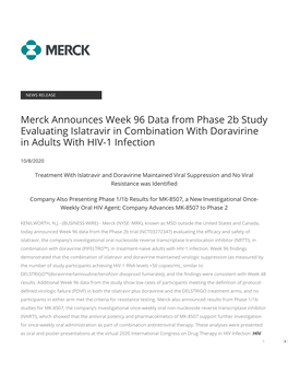 Merck Announces Week 96 Data from Phase 2B Study Evaluating Islatravir in Combination with Doravirine in Adults with HIV-1 Infection