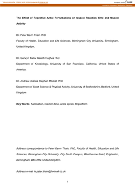 1 the Effect of Repetitive Ankle Perturbations on Muscle Reaction