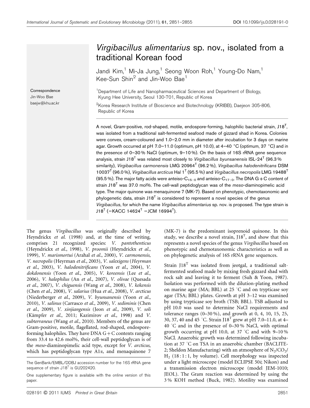 Virgibacillus Alimentarius Sp. Nov., Isolated from a Traditional Korean Food