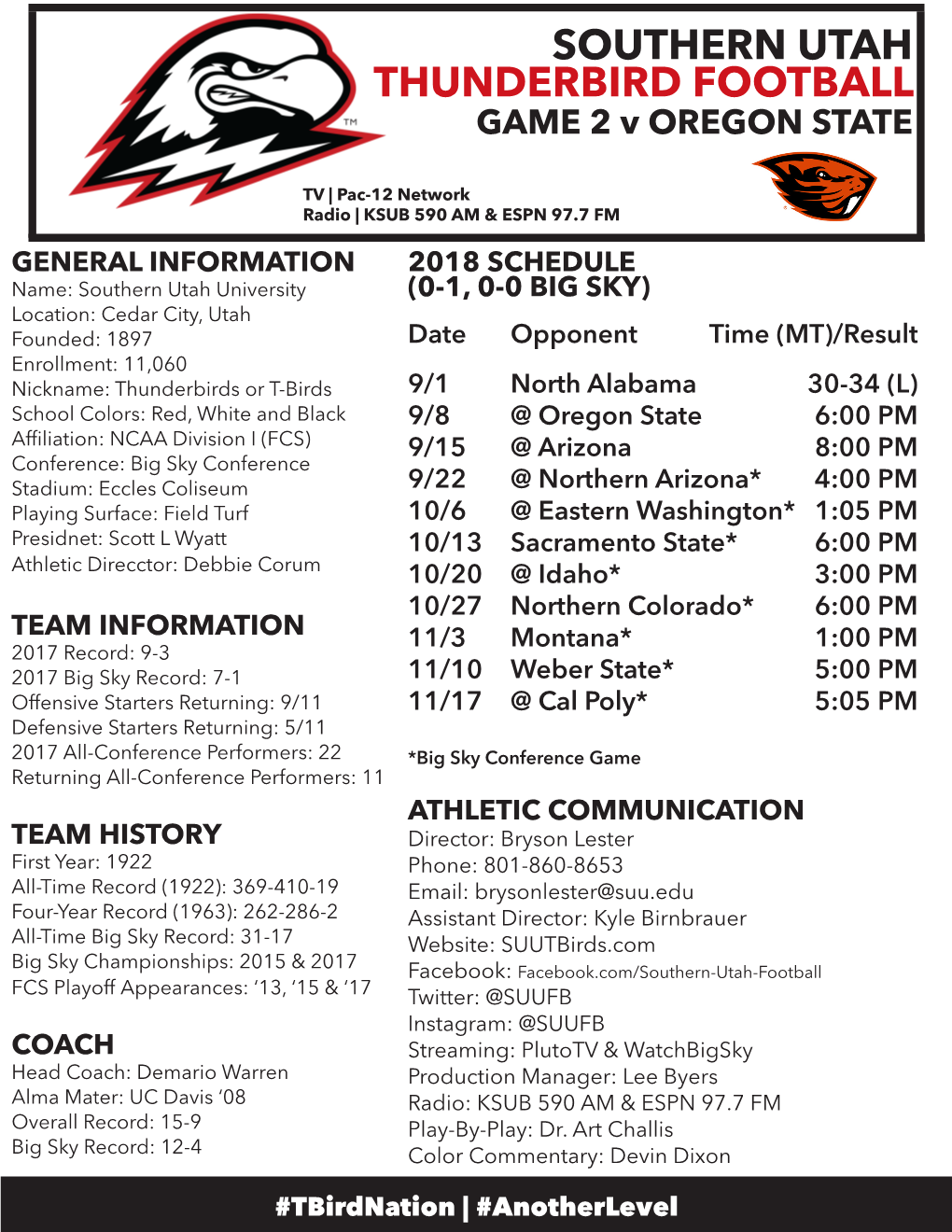 SOUTHERN UTAH THUNDERBIRD FOOTBALL GAME 2 V OREGON STATE