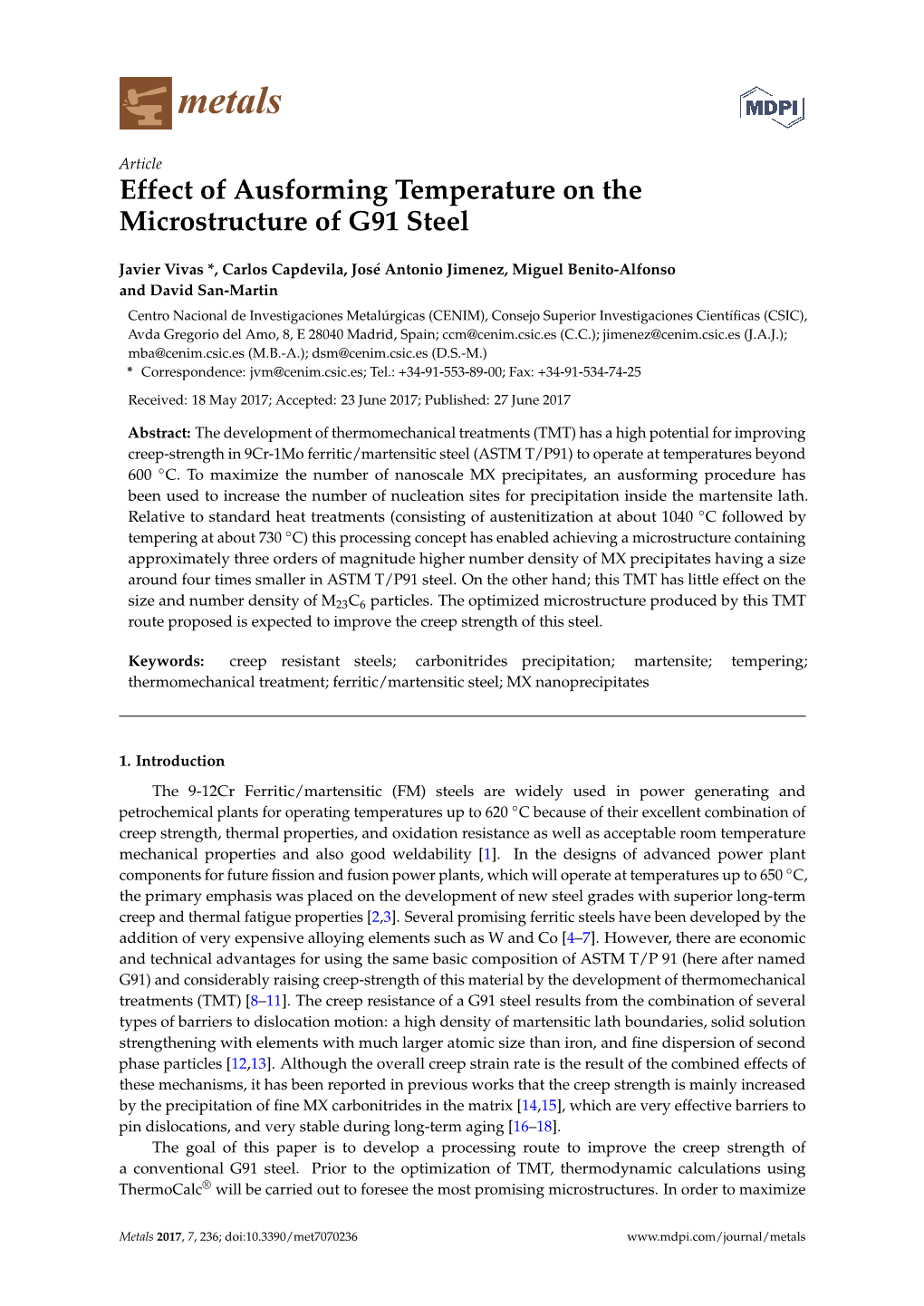 Effect of Ausforming Temperature on the Microstructure of G91 Steel