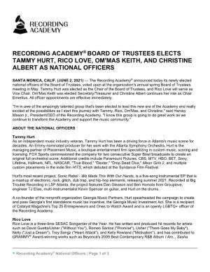Recording Academy® Board of Trustees Elects Tammy Hurt, Rico Love, Om'mas Keith, and Christine Albert As National Officers