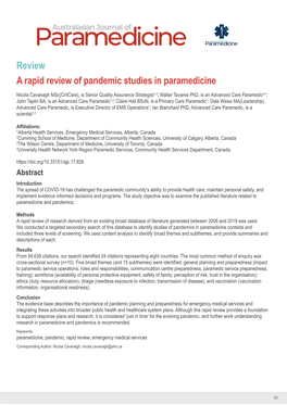 A Rapid Review of Pandemic Studies in Paramedicine