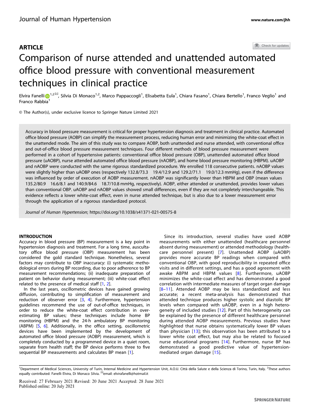 Comparison of Nurse Attended and Unattended Automated Office Blood