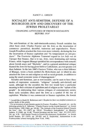 Socialist Anti-Semitism, Defense of a Bourgeois Jew and Discovery of the Jewish Proletariat Changing Attitudes of French Socialists Before 1914*