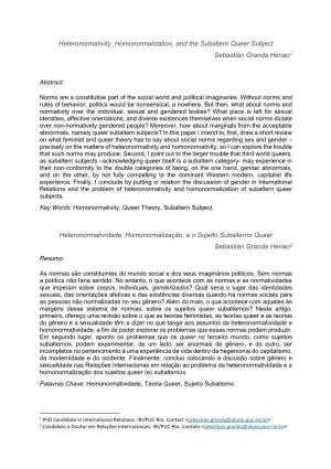 Heteronormativity, Homonormalization, and the Subaltern Queer Subject Sebastián Granda Henao1