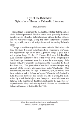 Eye of the Beholder: Ophthalmic Illness in Talmudic Literature