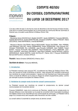 Compte-Rendu Du Conseil Communautaire Du Lundi 18 Decembre 2017