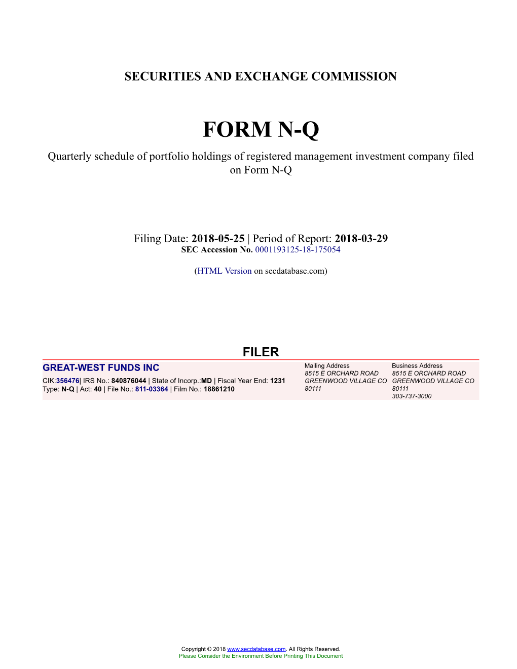 GREAT-WEST FUNDS INC Form N-Q Filed 2018-05-25