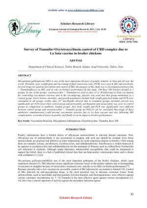 Survey of Tiamulin+Oxytetracyclinein Control of CRD Complex Due to La Sota Vaccine in Broiler Chickens