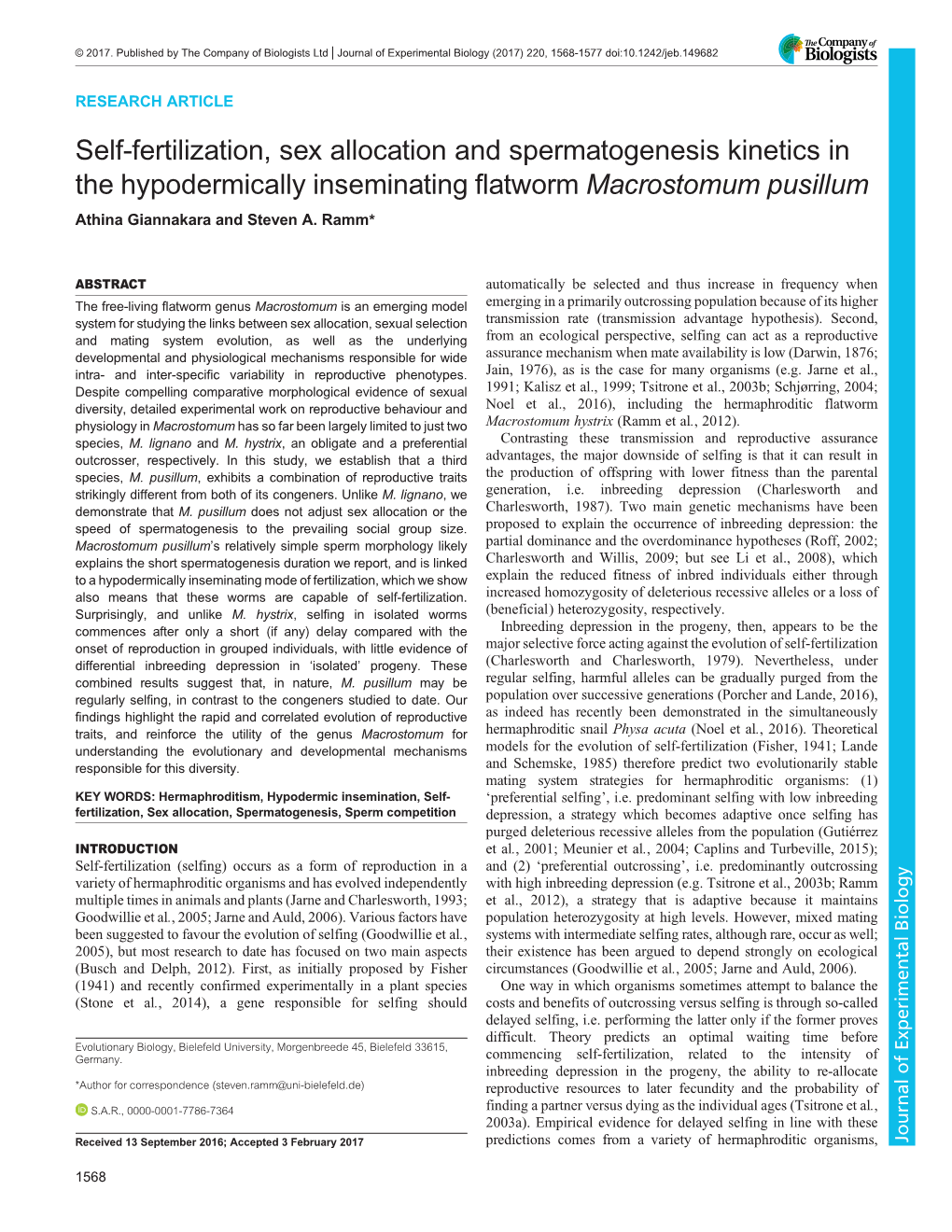 Self-Fertilization, Sex Allocation and Spermatogenesis Kinetics in the Hypodermically Inseminating Flatworm Macrostomum Pusillum Athina Giannakara and Steven A