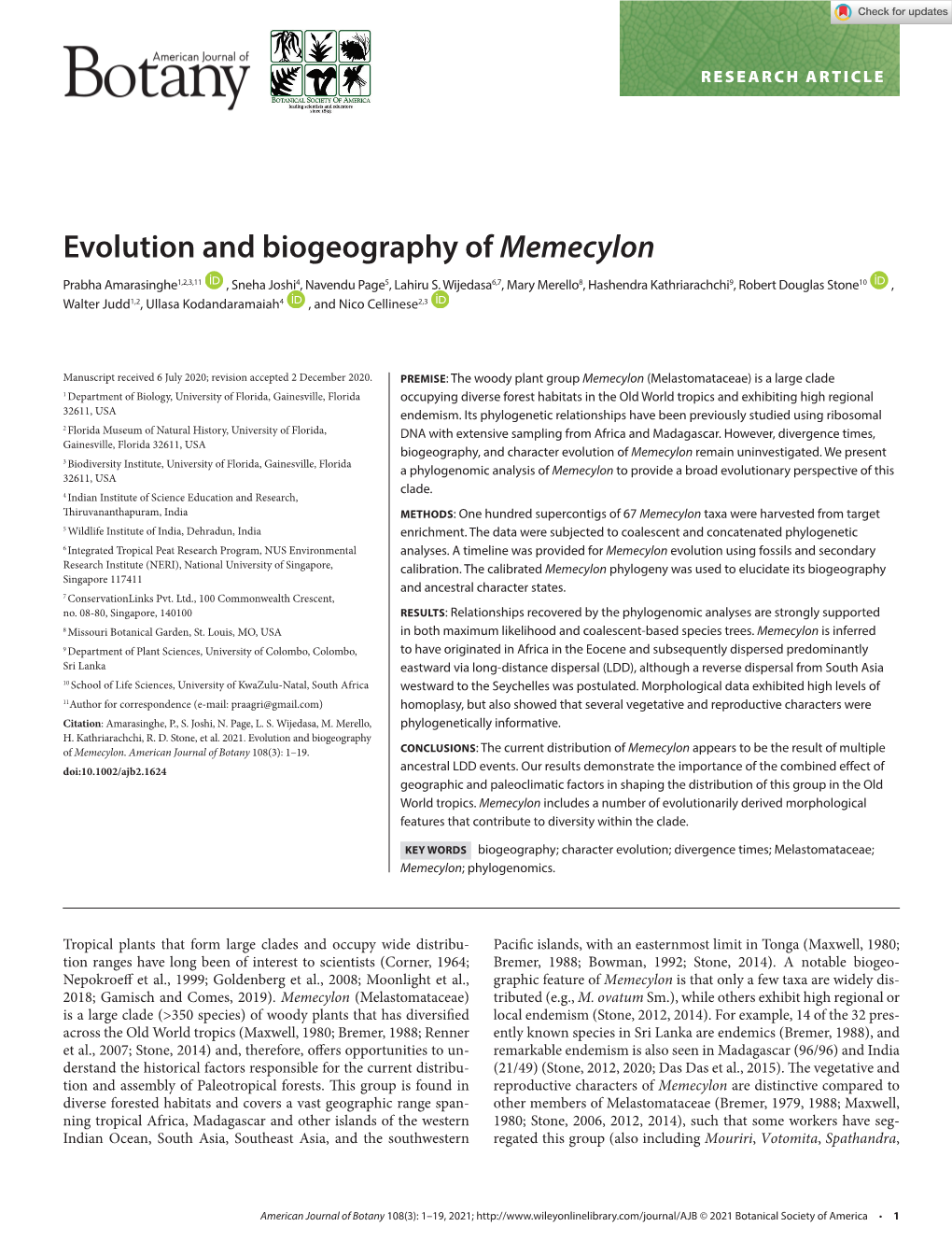 Evolution and Biogeography of Memecylon