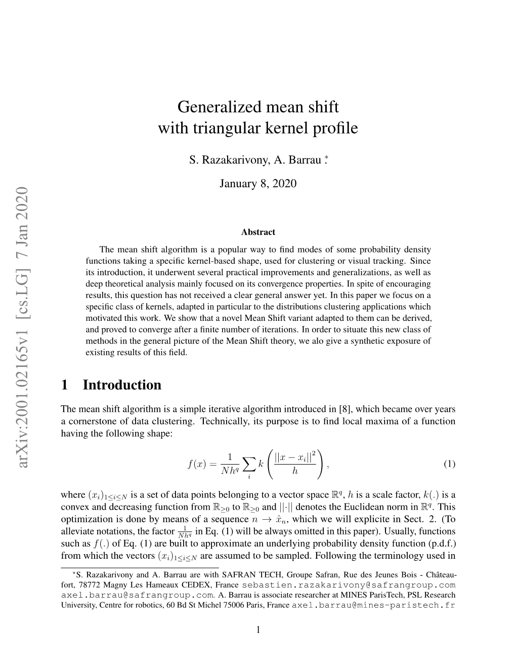 Generalized Mean Shift with Triangular Kernel Profile Arxiv:2001.02165V1 [Cs.LG] 7 Jan 2020