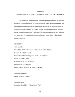 Appendix 1 an Epigraphic Inventory of the Cults of Tetradic Thessaly