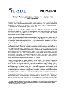 Nomura Permal Alpha Japan Neutral Fund Launched on UCITS Platform