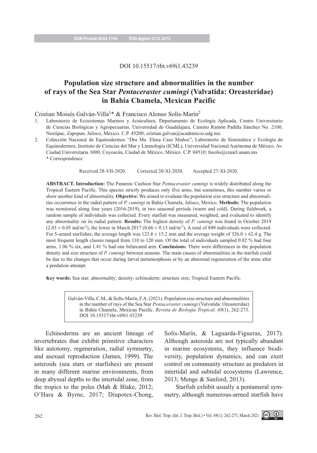 Population Size Structure and Abnormalities in the Number of Rays of the Sea Star Pentaceraster Cumingi (Valvatida: Oreasteridae) in Bahía Chamela, Mexican Pacific