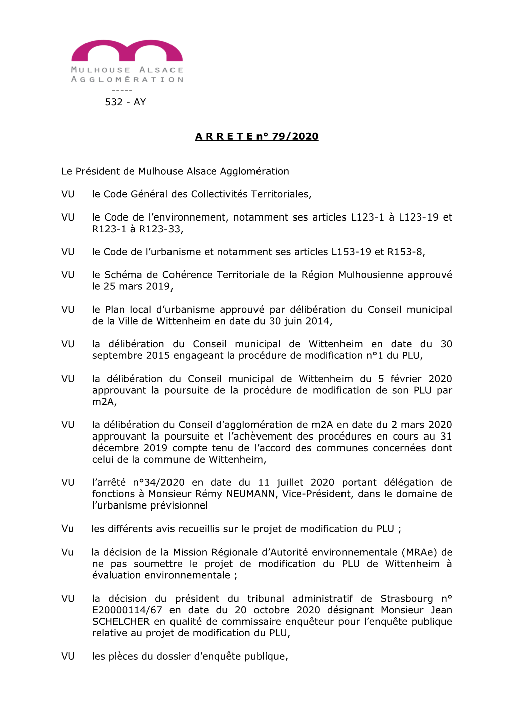 AY ARRETE N° 79/2020 Le Président De Mulhouse Alsace Agglomération