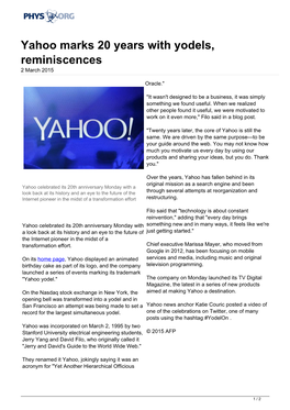 Yahoo Marks 20 Years with Yodels, Reminiscences 2 March 2015