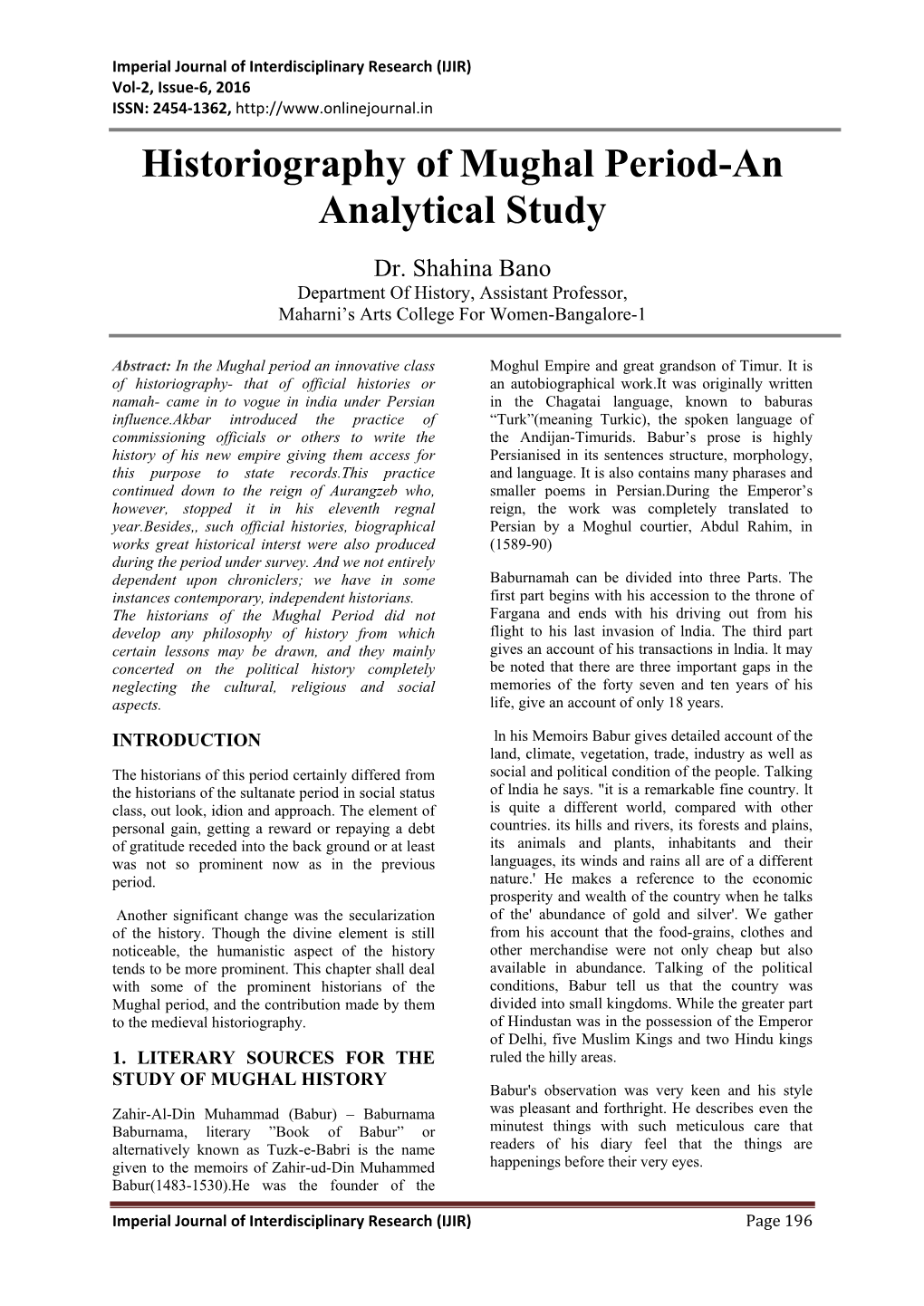 Historiography of Mughal Period-An Analytical Study