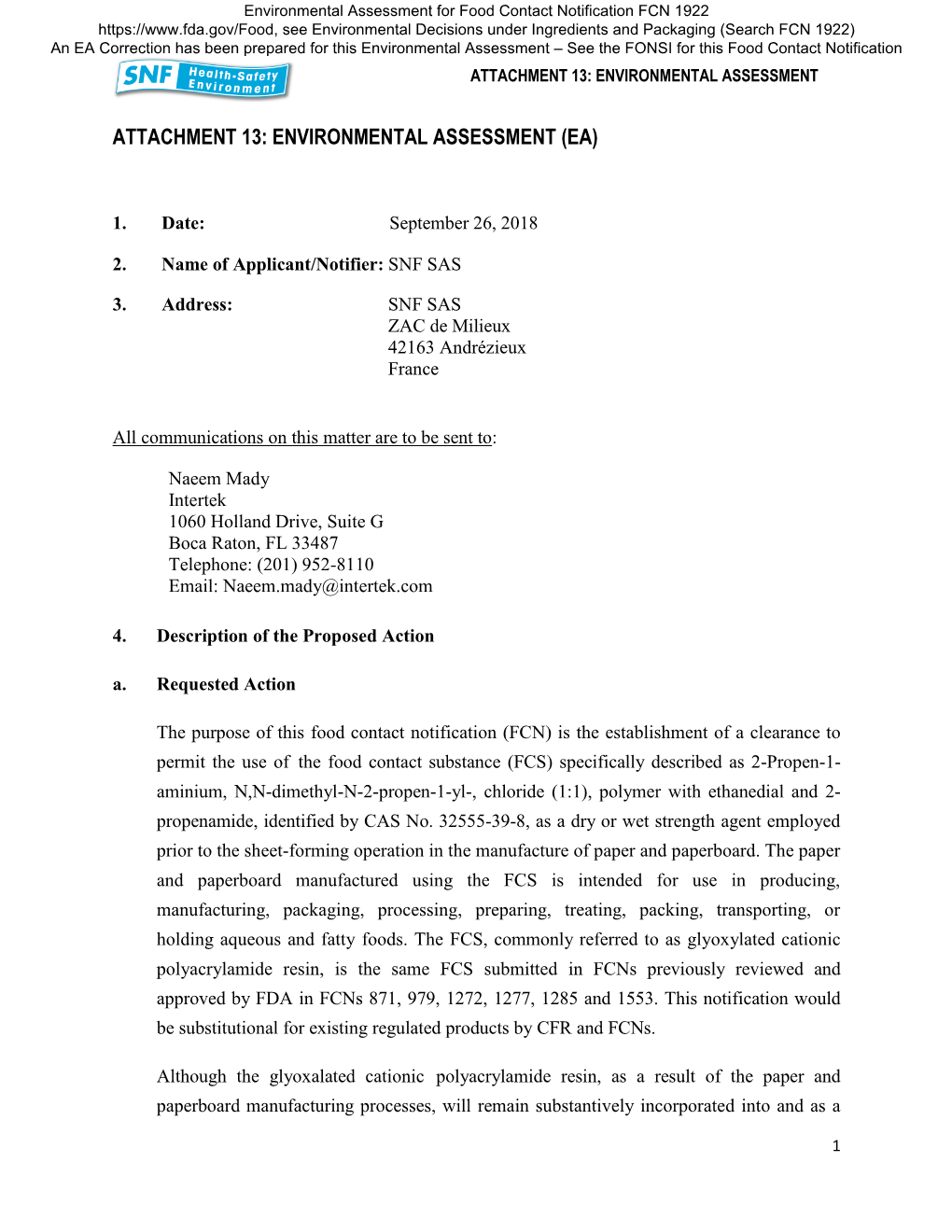 Environmental Assessment for Food Contact Notification No. 1922