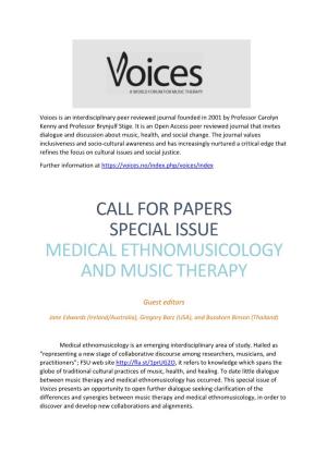 Call for Papers Special Issue Medical Ethnomusicology and Music Therapy