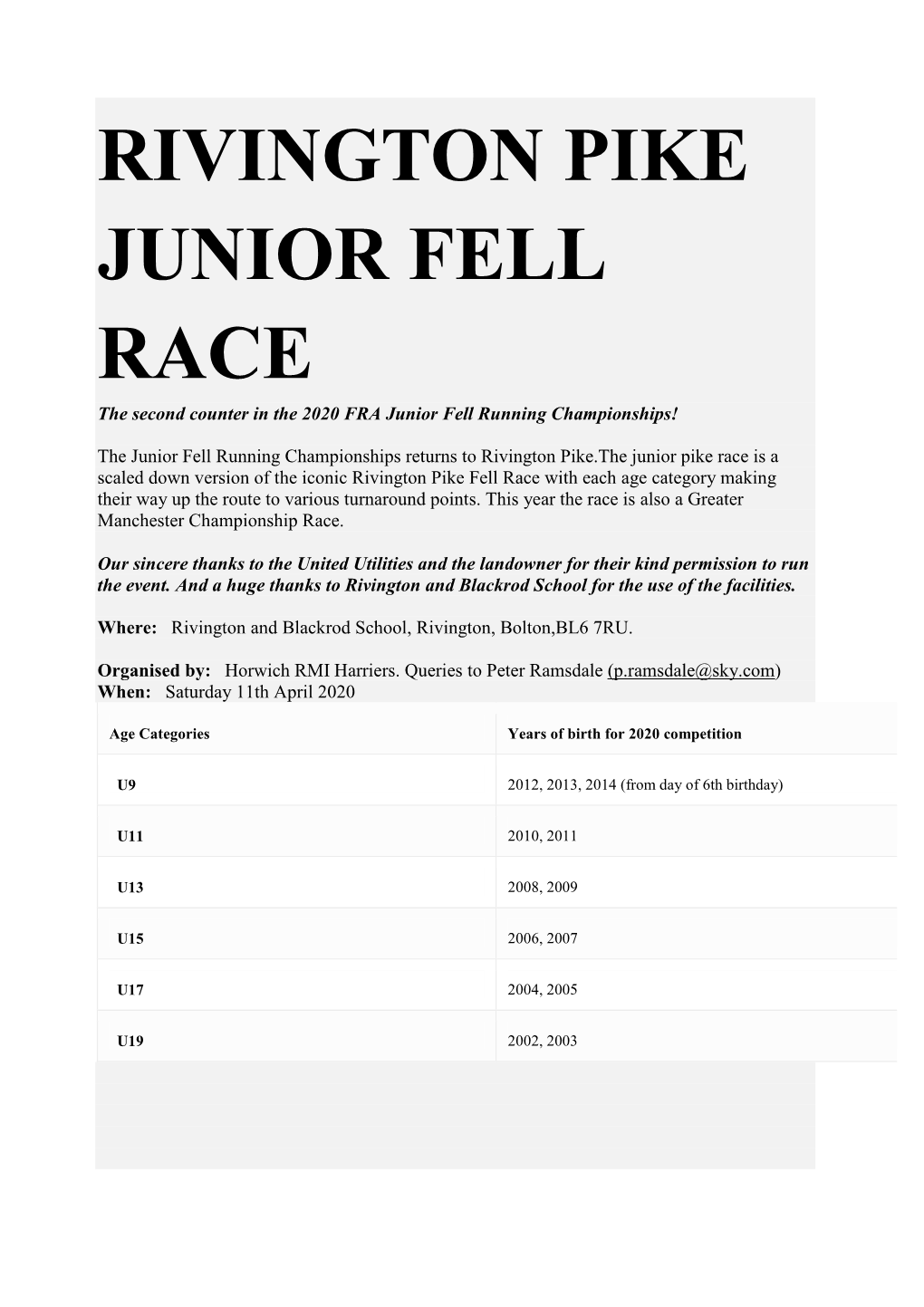 The Rivington Pike JUNIOR Fell Race CANCELLED