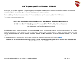 BUCS Sport Specific Affiliations 2021-22