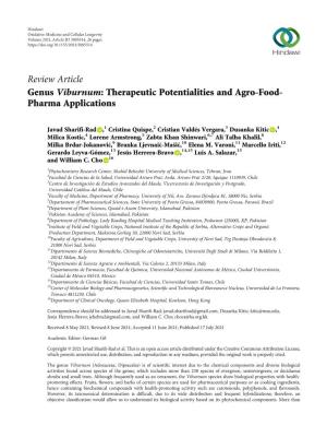 Genus Viburnum: Therapeutic Potentialities and Agro-Food- Pharma Applications