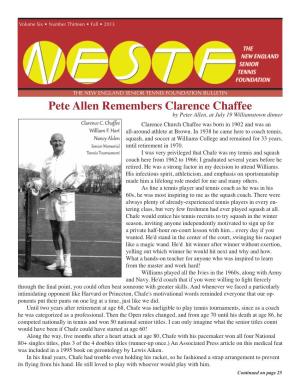 Pete Allen Remembers Clarence Chaffee by Peter Allen, at July 19 Williamstown Dinner Clarence Church Chaffee Was Born in 1902 and Was an All-Around Athlete at Brown