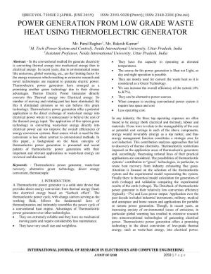 Power Generation from Low Grade Waste Heat Using Thermoelectric Generator