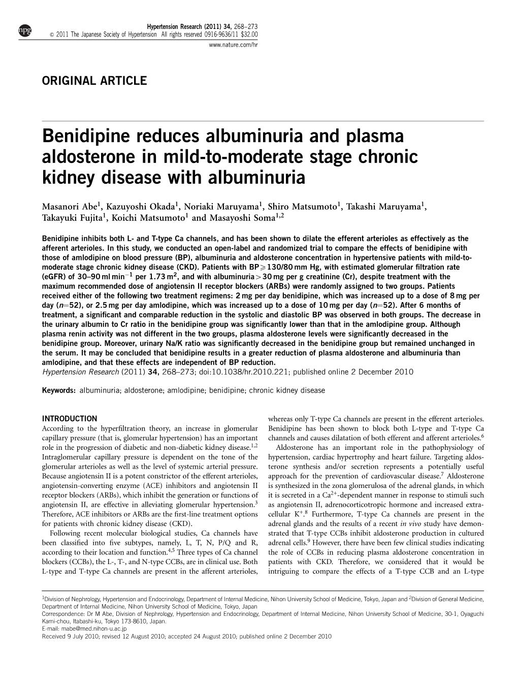 Benidipine Reduces Albuminuria and Plasma Aldosterone in Mild-To-Moderate Stage Chronic Kidney Disease with Albuminuria