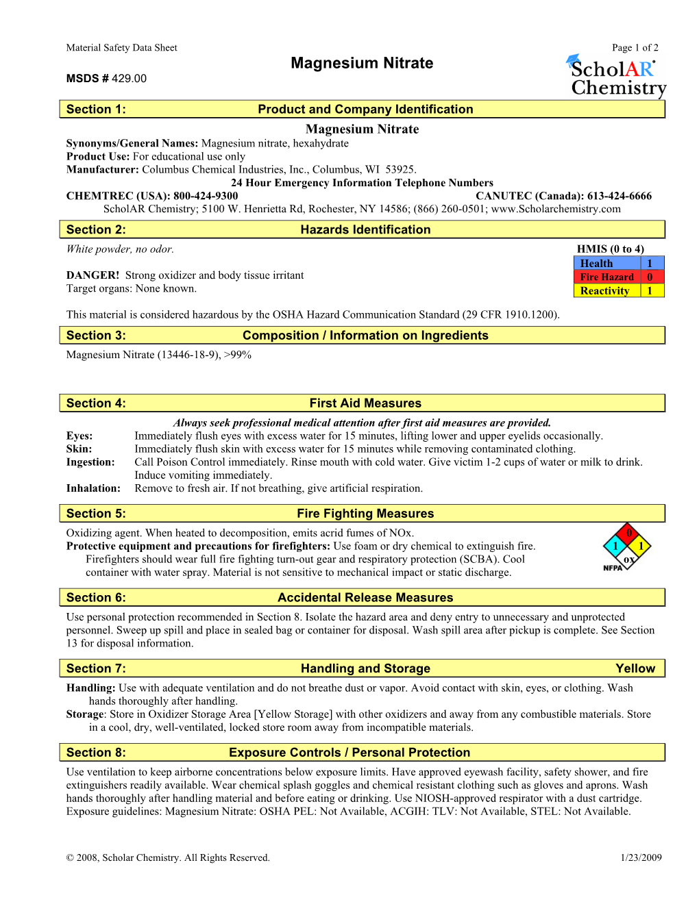 Magnesium Nitrate MSDS # 429.00