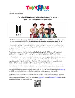 The Official BTS X Mattel Dolls Make Their Way to Fans at Toys"R"Us Canada Locations and Online