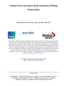 Global News and Ipsos Reid Announce Polling Partnership