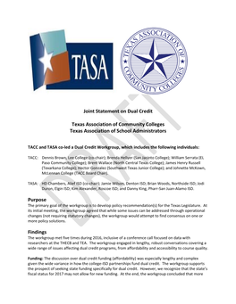 TACC-TASA Dual Credit Workgroup Recommendations