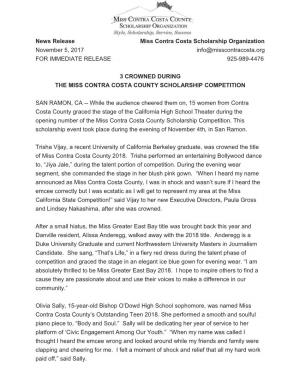 News Release Miss Contra Costa Scholarship Organization November 5, 2017 Info@Misscontracosta.Org for IMMEDIATE RELEASE 925-989-4476