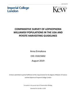 Comparative Survey of Lophophora Williamsii Populations in the Usa and Peyote Harvesting Guidelines