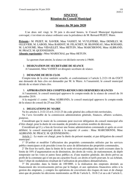 SINCENY Réunion Du Conseil Municipal Séance Du 30 Juin 2020