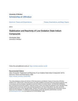 Stabilization and Reactivity of Low Oxidation State Indium Compounds