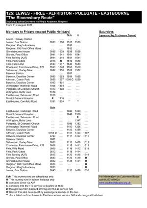 LEWES - FIRLE - ALFRISTON - POLEGATE - EASTBOURNE "The Bloomsbury Route" (Including School Journeys Via King's Academy, Ringmer) from 31St August 2021