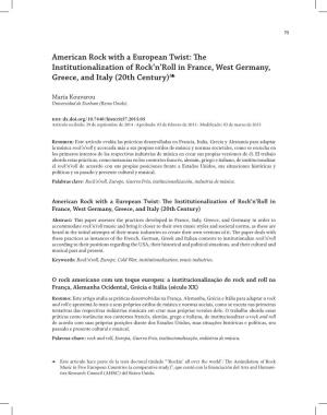 American Rock with a European Twist: the Institutionalization of Rock’N’Roll in France, West Germany, Greece, and Italy (20Th Century)❧