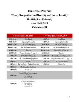 Conference Program Weary Symposium on Diversity and Social Identity the Ohio State University June 18-19, 2019 Columbus, OH