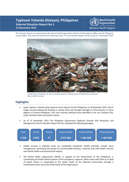 (Haiyan), Philippines External Situation Report No 1 15 November 2013