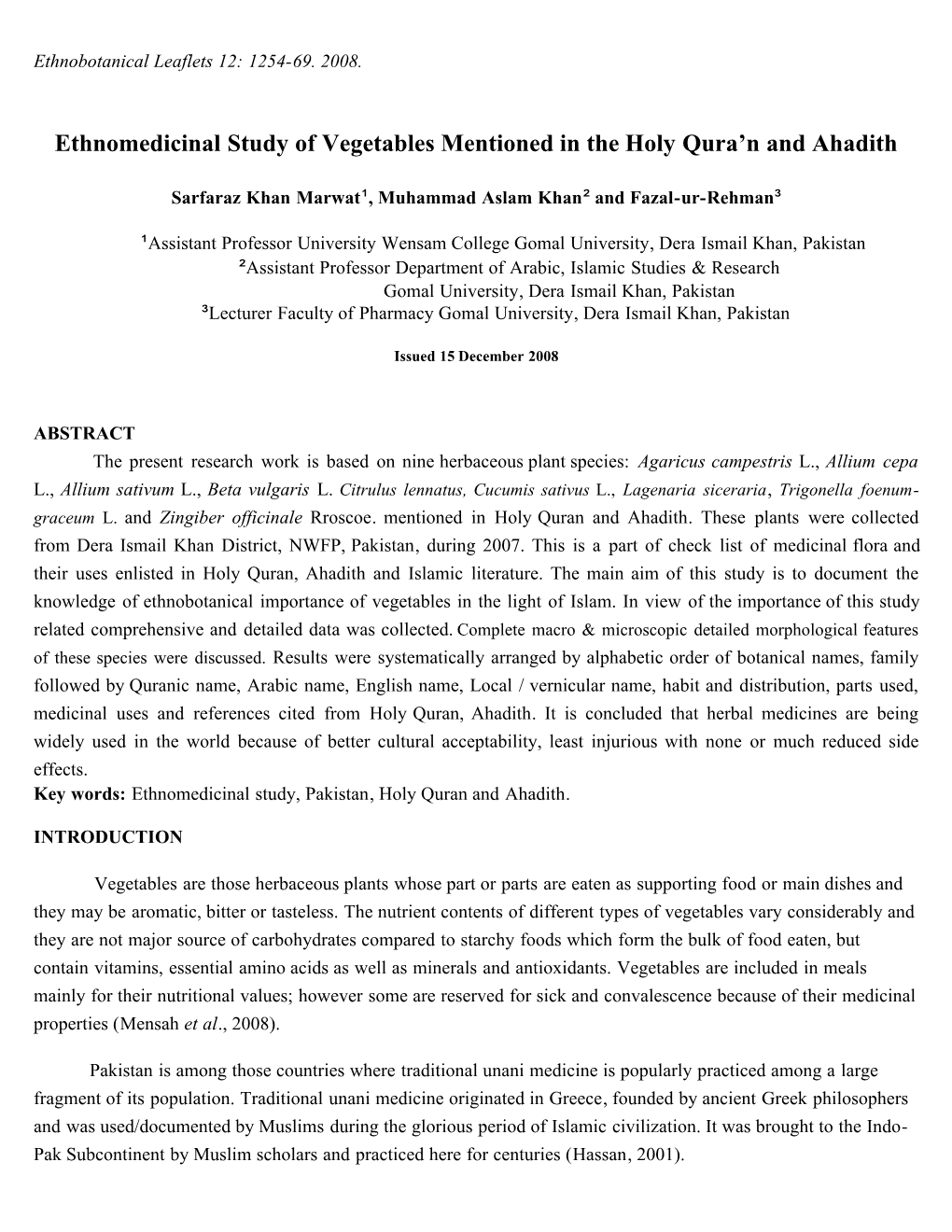 Ethnomedicinal Study of Vegetables Mentioned in the Holy Quraâ•Žn