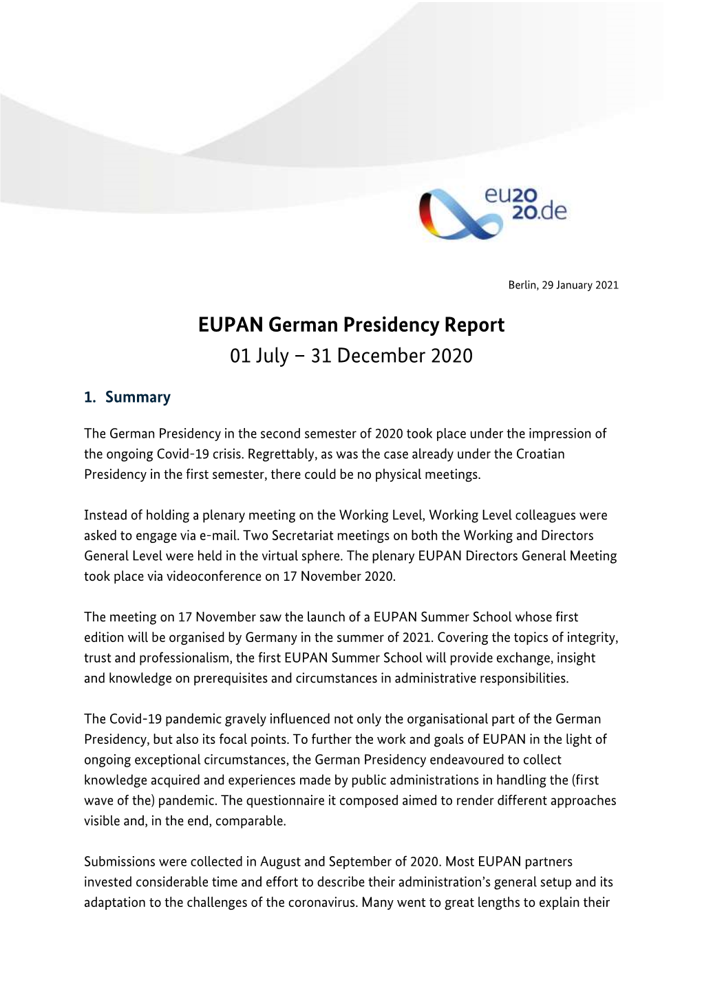 EUPAN German Presidency Report 01 July – 31 December 2020
