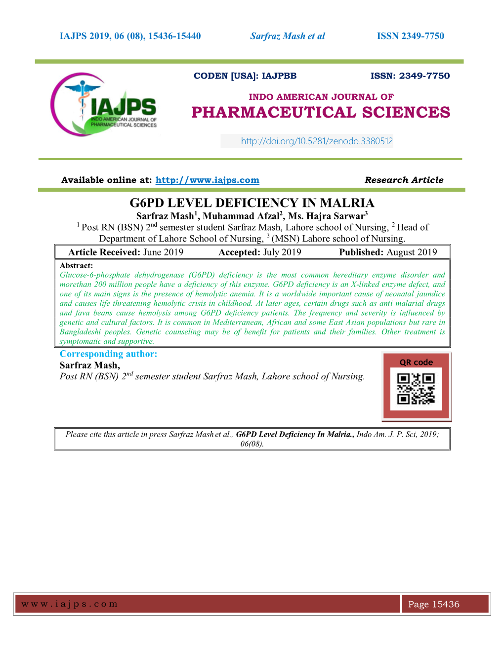 G6PD LEVEL DEFICIENCY in MALRIA Sarfraz Mash1, Muhammad Afzal2, Ms