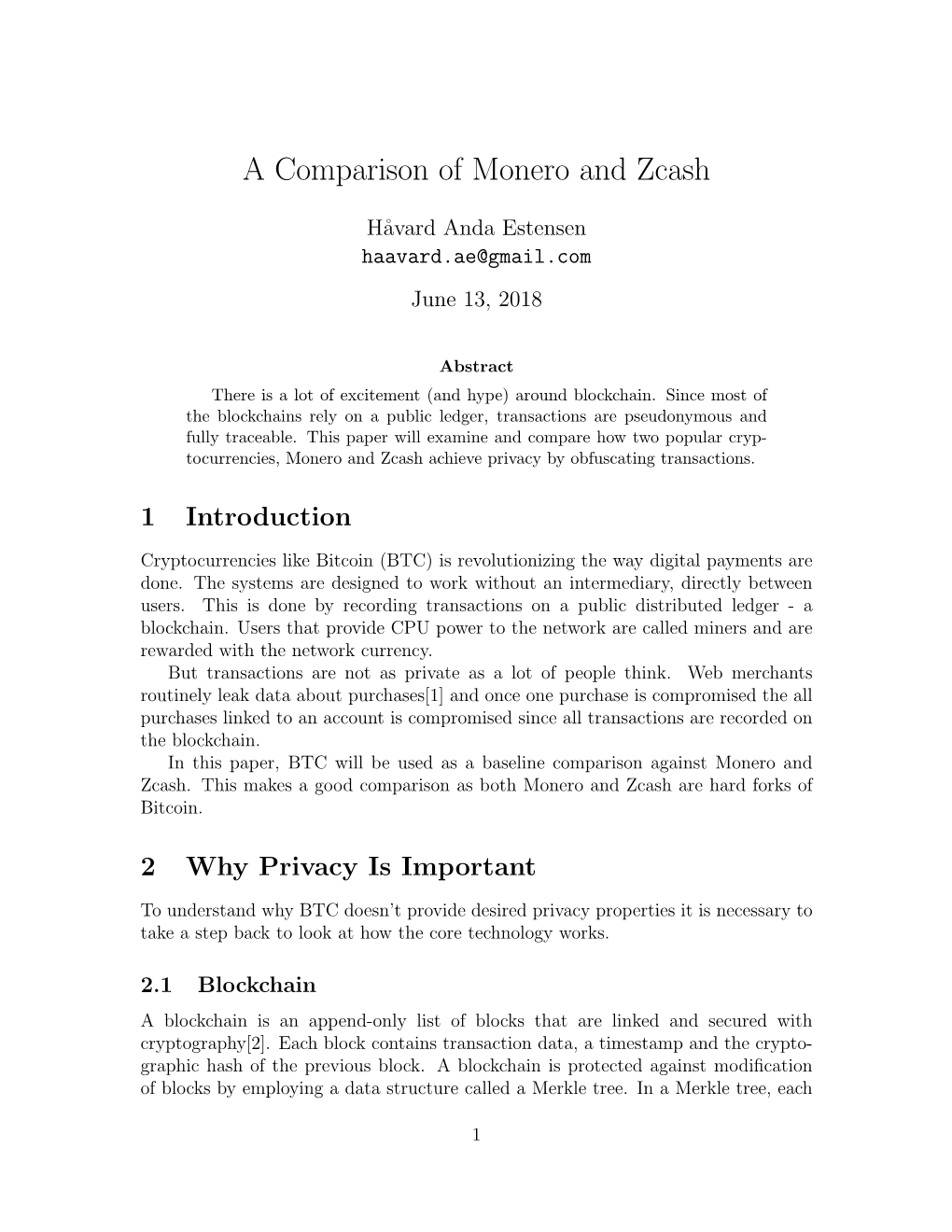 A Comparison of Monero and Zcash