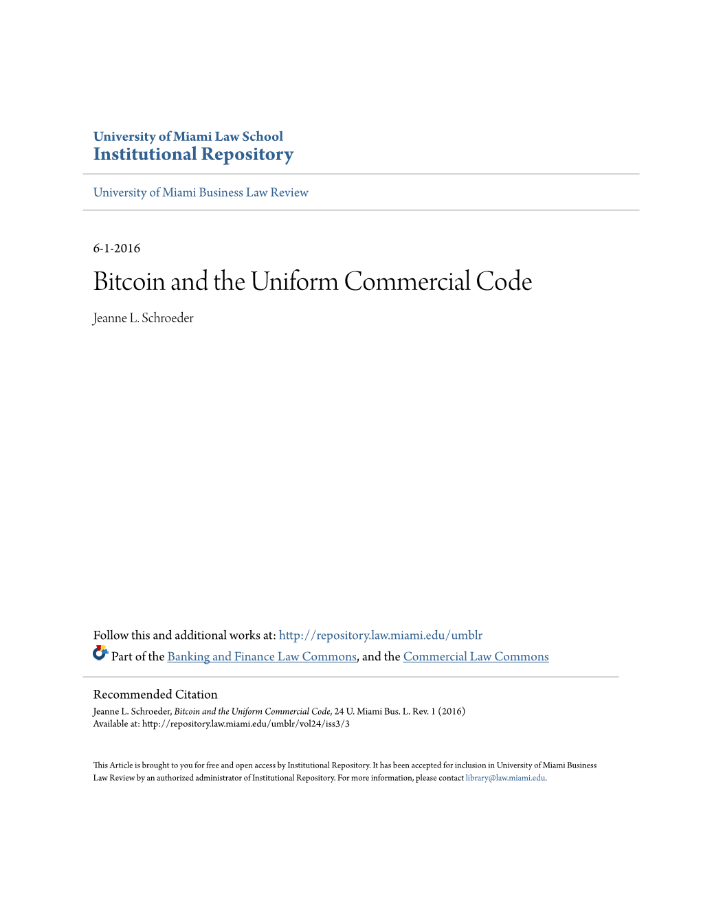 Bitcoin and the Uniform Commercial Code Jeanne L