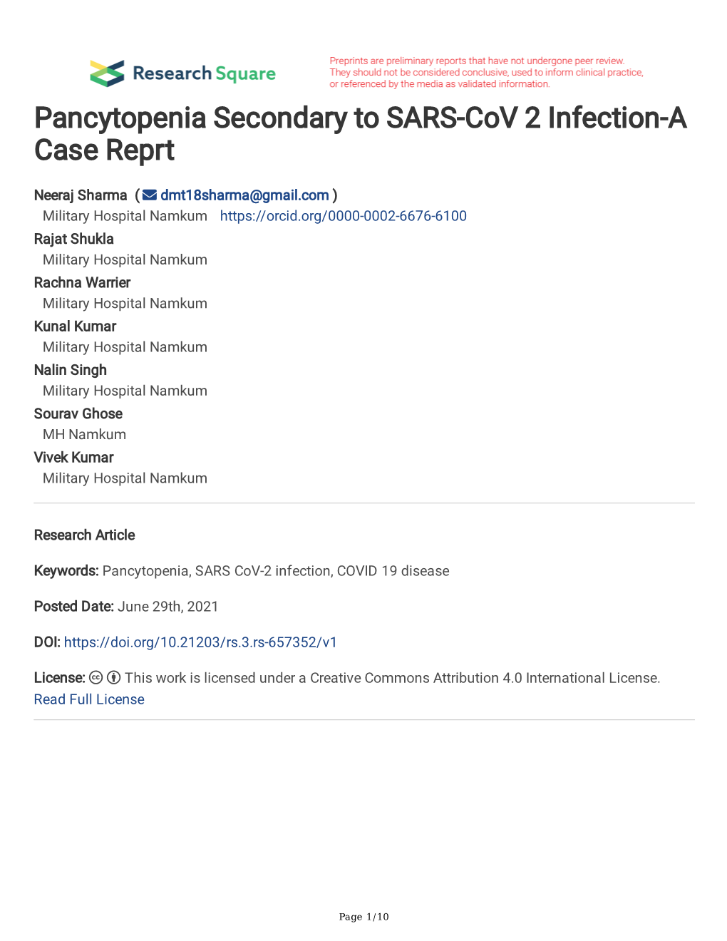 Pancytopenia Secondary to SARS-Cov 2 Infection-A Case Reprt