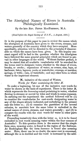 The Aboriginal Names of Rivers in Australia Philologically Examiped